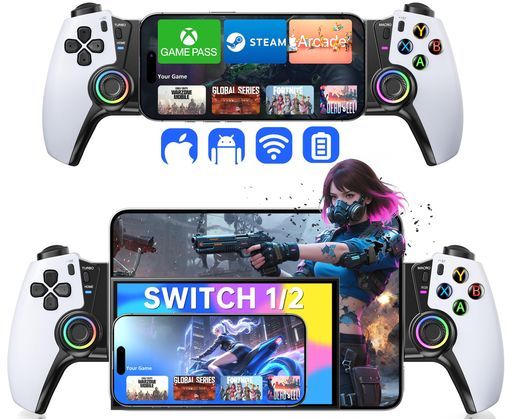 Elekasumiスマホコントローラー【Switch1/2/OLED/iPhone/iPadMini/Android/PC全機種対応】Bluetoothゲームコントローラー4段階振動+ターボ連射機能ホール効果スティック6軸ジャイロセンサー