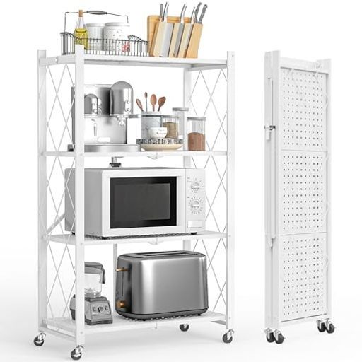 【驚異耐荷重の組み立て不要】メタル製ラック折りたたみ式スチールラック4層キャスター付き:錆止め加工重量物大型収納棚折り畳み式白ホワイトスチール棚頑丈メタルシェルフオープン…