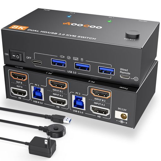 KVMスイッチデュアルモニター2ポート8K@60Hz、HDMIUSB3.0スイッチ拡張ディスプレイモニター2台コンピューター2台、電源アダプター、USB3.0ケーブル、有線コントローラー付き