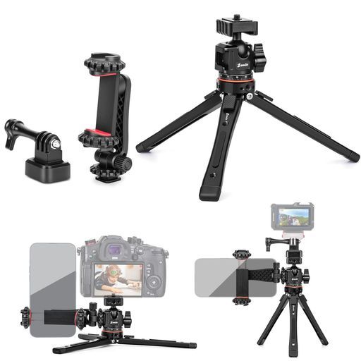 Zeadioヘビーデューティーメタル製三脚架キット:360°球ヘッドマウント・スマホクリップ・アクションカメラアダプター付属-スマートフォン、Vlog、カメラ、ジンバル、アクションカメラな…