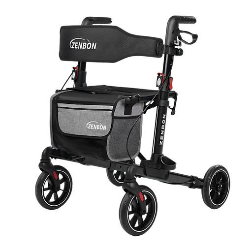 ZENBON歩行器シルバーカー高齢者用超軽量アルミ製室内屋外座れる耐荷重150kg折り畳み式高さ調節可能ブレーキロック機能付き両方向折りたたみ取り外せるバッグ付き水杯ホルダー付き手押…