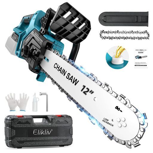 【2025新型】Elikliv12インチ電動チェーンソー充電式切断径350mmブラシレスモーター自動給油ツールレス・チェーン調節残量表示可能ガーデニング家庭用木工切断大工道具園芸設備伐採薪作り…