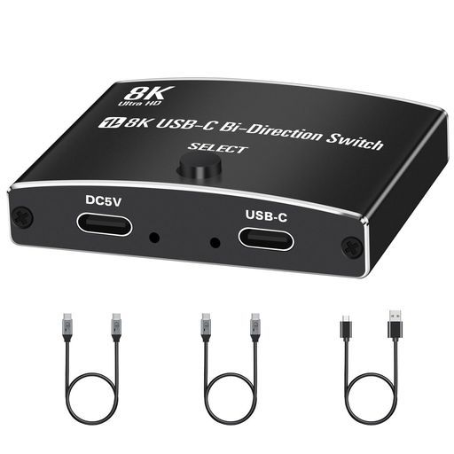 USBC切替器-8K@60HzUSB切り替え器TypeC2入力1出力/1入力2出力、パソコン2台モニター1台切り替え対応8K@60Hz/4K@144Hz映像出力と48Gbpsデータ転送をサポート、USBCケーブルx2付属