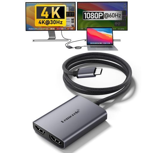 HDMI分配器Mac対応2台の外部モニター拡張最大単画面4K出力USBC変換アダプターLemoreleデュアルHDMIモニターディスプレイ分配器2画面ハブ2-in-1USB-Cポート4K30Hz+1080P