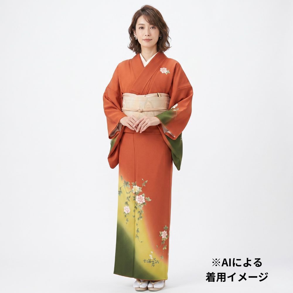 付下 正絹 リユース 中古 袷 赤柿色 枝垂れ桜 暈し 8076-10 セミ