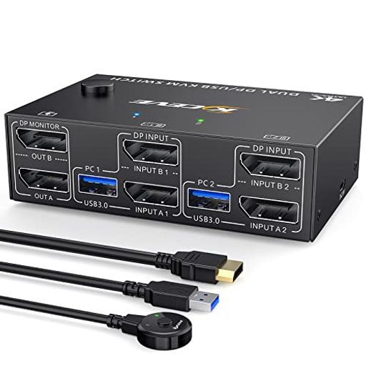 デュアルディスプレイDisplayport切替器、8K@30Hz/4K@144HzUSB3.0KVMスイッチ、DPKVM切替器2台のコンピュータ2台のモニターでキーボードとマウスを共有