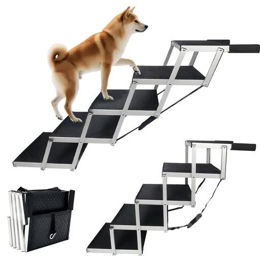 YASICAペットステップドッグステップ犬階段折り畳み式車用の犬用登山はしご車乗り降り犬用踏み台ペット階段5段滑り止めカラビナ付きEVAフォームハンドル付き高さ調節可能耐荷重70kg収納…
