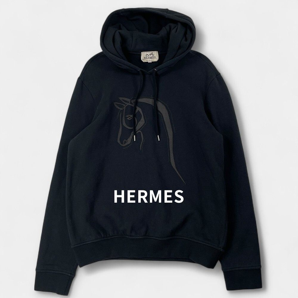 HERMES エルメス シュバルホース レザーパッチ プルオーバー 裏起毛 パーカー 12-5764 黒 ブラック S / J&NREUSE メンズ トップス