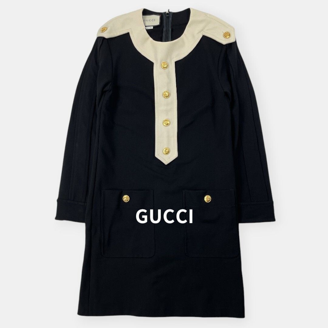GUCCI グッチ インターロッキング GG金具ボタン 長袖 ワンピース 580104 XJBFI 黒 白 ブラック ホワイト S / J&NREUSE レディース