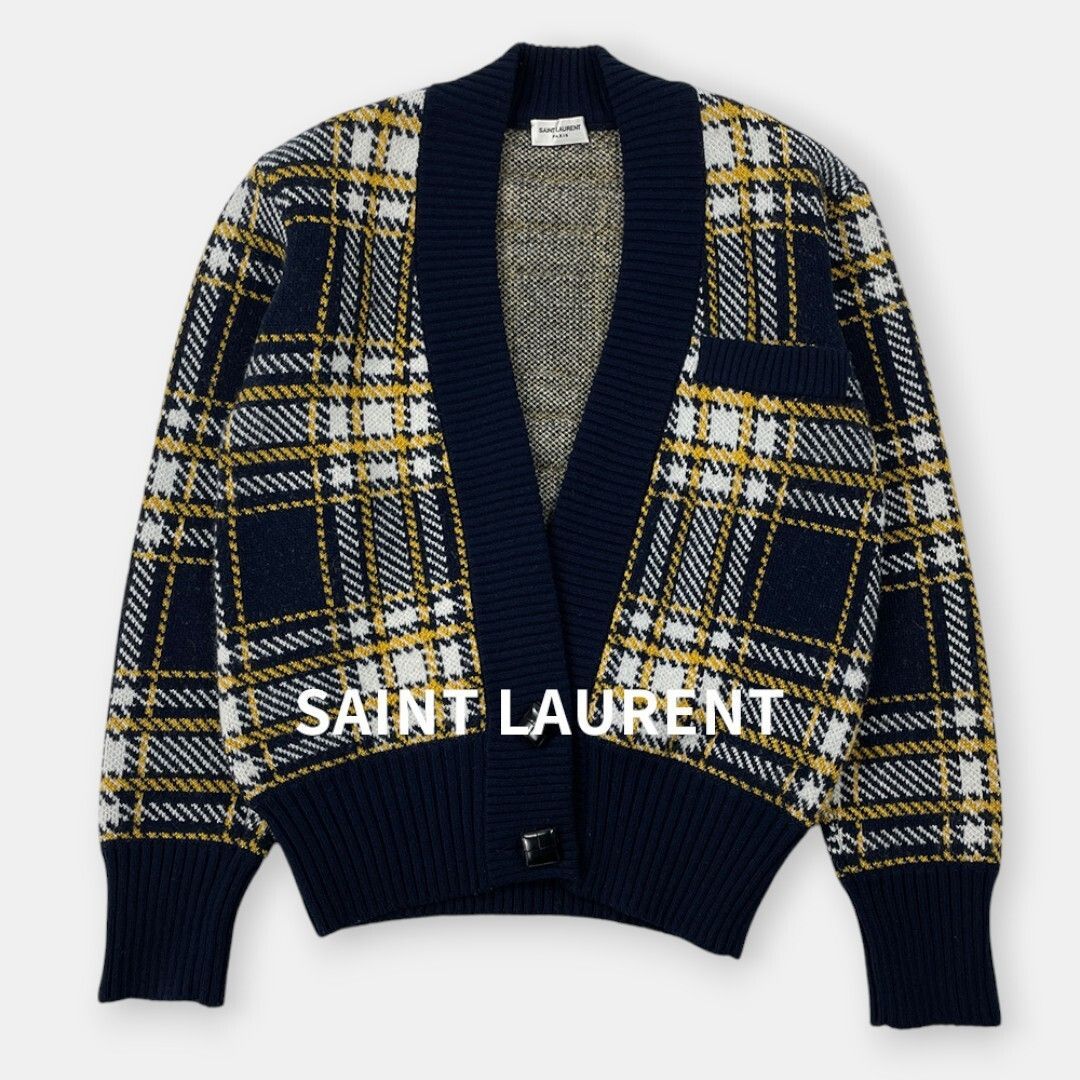 SAINT LAURENT 21AW サンローラン アルパカ ウール タータン ジャカード カーディガン 黄 紺 チェック XS / J&NREUSE レディース トップス