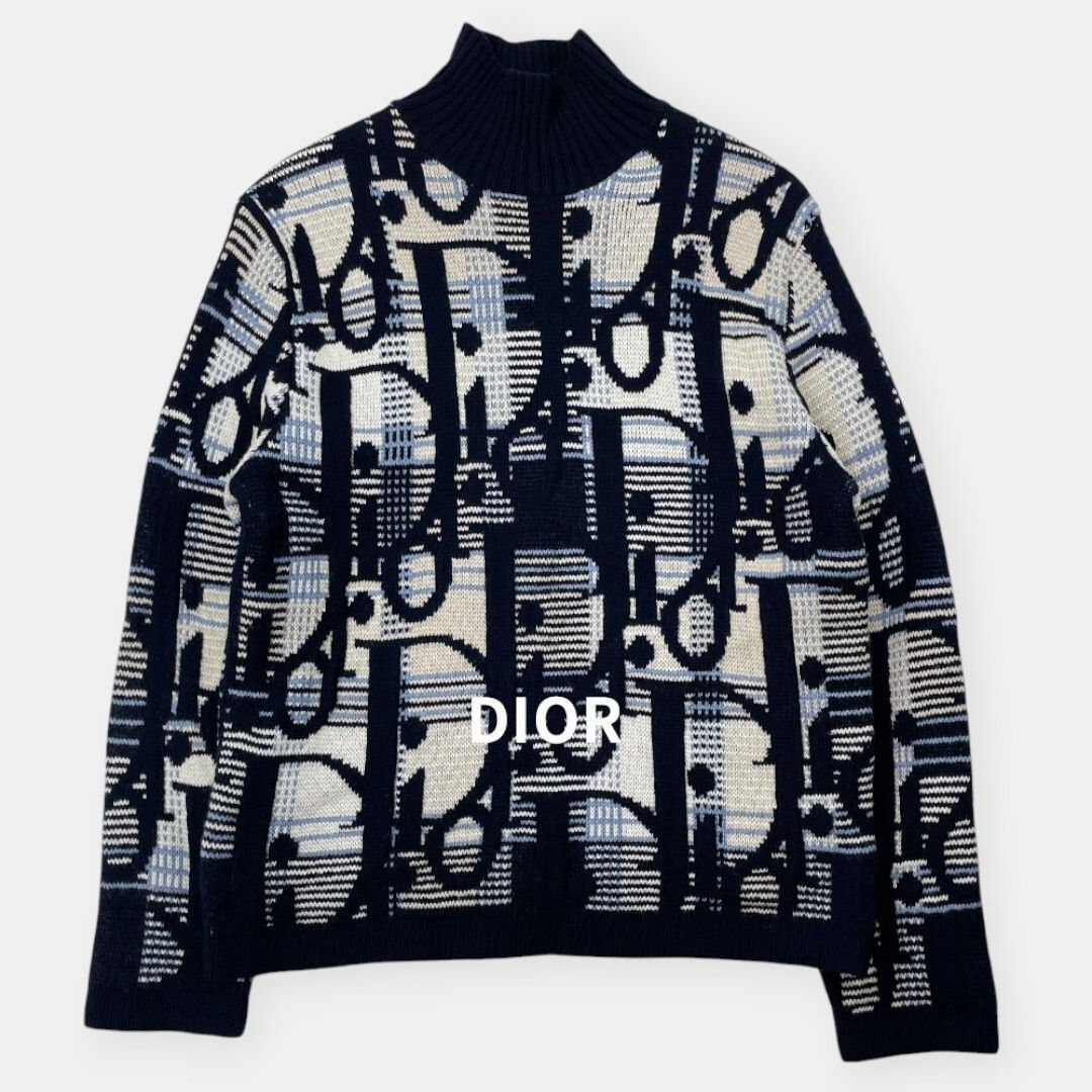 美品 DIOR HOMME 21AW ディオール オム オブリーク ハイネック ウール ニット 213M633AT377 紺 総柄 S / J&NREUSE メンズ トップス