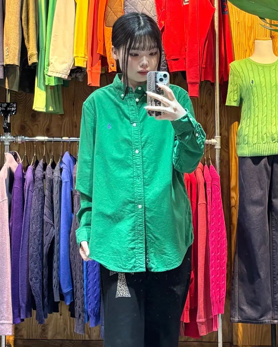 XL ポロラルフローレン ウィメンズ パープルポニー グリーン コットン シャツ