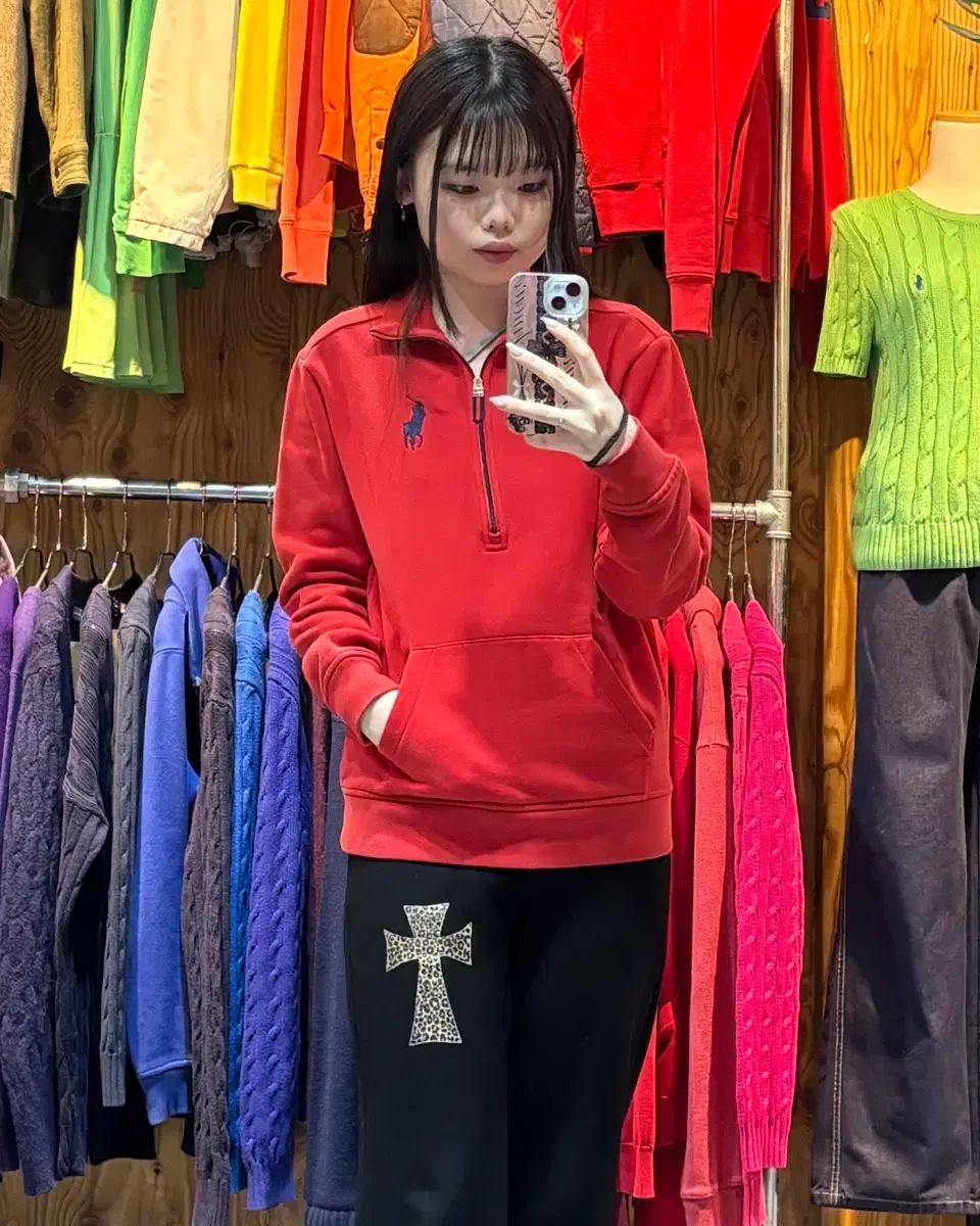 XS ポロラルフローレン ビックロゴ レッド コットン ハーフジップアップ