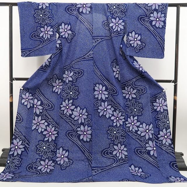 ❁tomihisa❁新品 有松鳴海絞り 夏着物 綿 仕付け糸付”流水と花々が