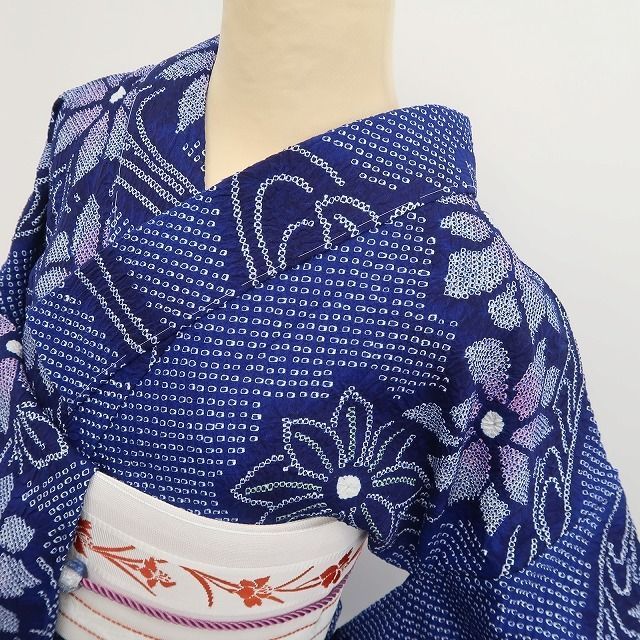 ❁tomihisa❁新品 有松鳴海絞り 夏着物 綿 仕付け糸付”流水と花々が