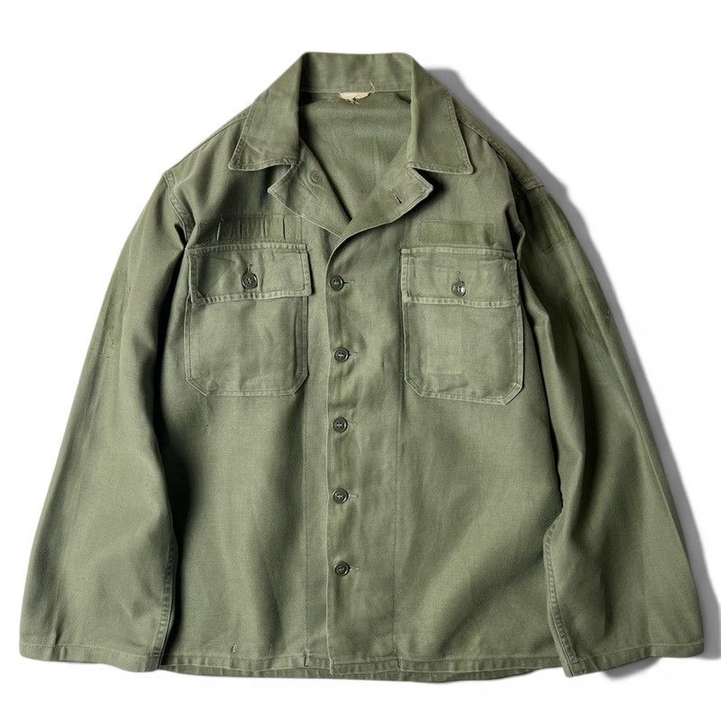 60s US ARMY 米軍実物 OG-107 コットン サテン ユーティリティ シャツ 1st 筒袖 後期 / 60年代 ビンテージ ジャケット ミリタリー オリーブ