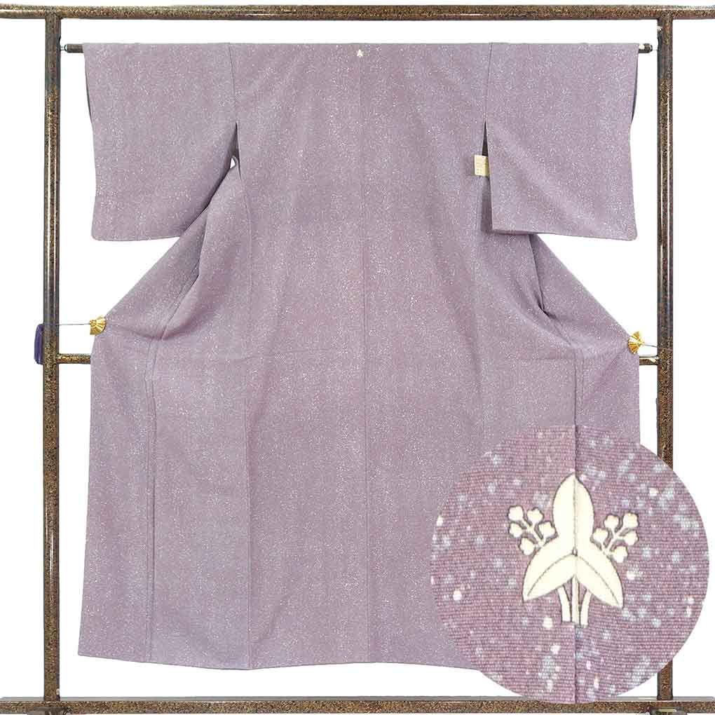 小紋 身丈153cm 裄64cm 前幅24.5cm 後幅28cm 袖丈49cm 袖幅33cm レディース 袷 たたき染 裄Mサイズ 秋冬春用 正絹（シルク）パープル 美品 リメイク リユース リサイクル【呉服のきくや】