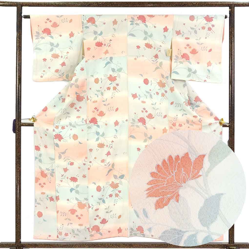 小紋 身丈160cm 裄65cm 前幅22cm 後幅29cm 袖丈49cm 袖幅33cm レディース 袷 花柄 裄Mサイズ 秋冬春用 正絹（シルク）ピンク やや難 リメイク リユース リサイクル【呉服のきくや】 5,293円