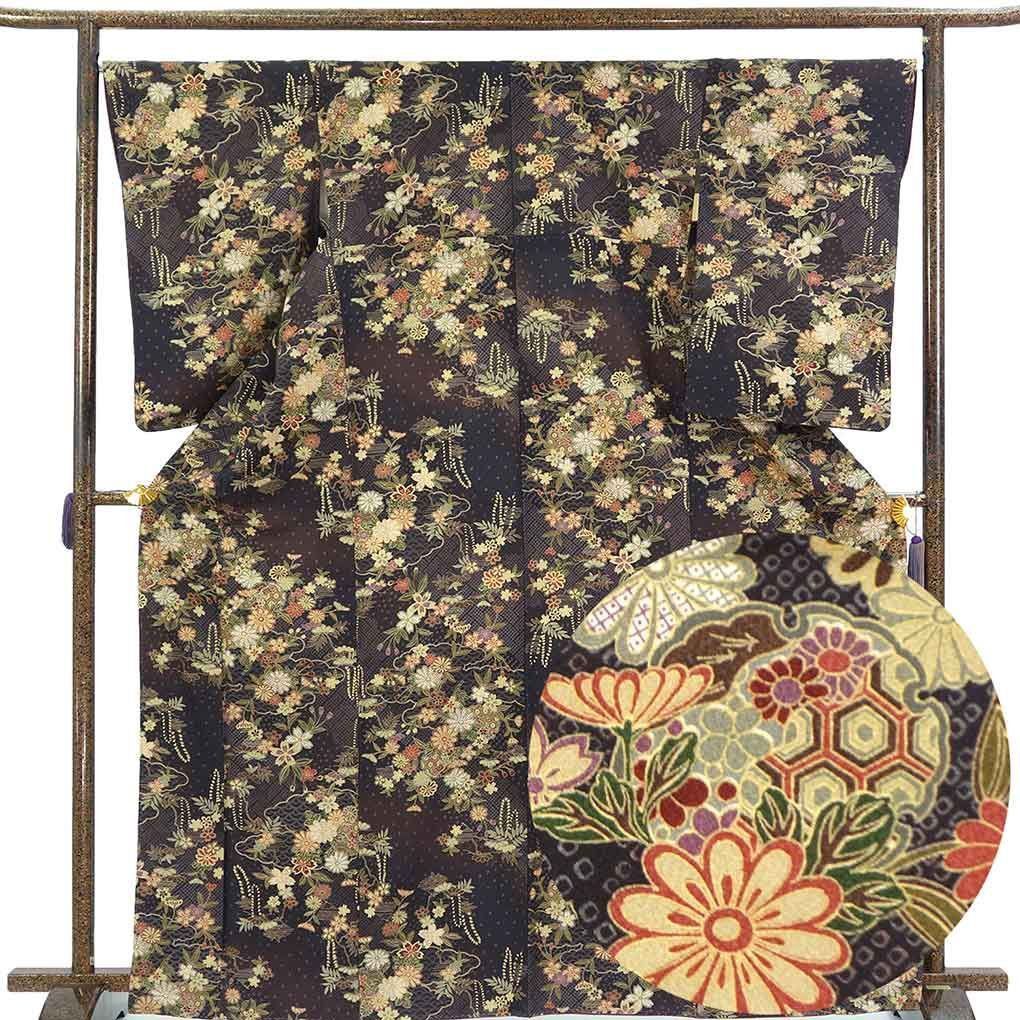 小紋 身丈169cm 裄68cm 前幅23cm 後幅29cm 袖丈66cm 袖幅34cm レディース 袷 花柄 裄長 裄Lサイズ 秋冬春用 正絹（シルク）ブラック トールサイズ 美品 リメイク リユース リサイクル【呉服のきくや】