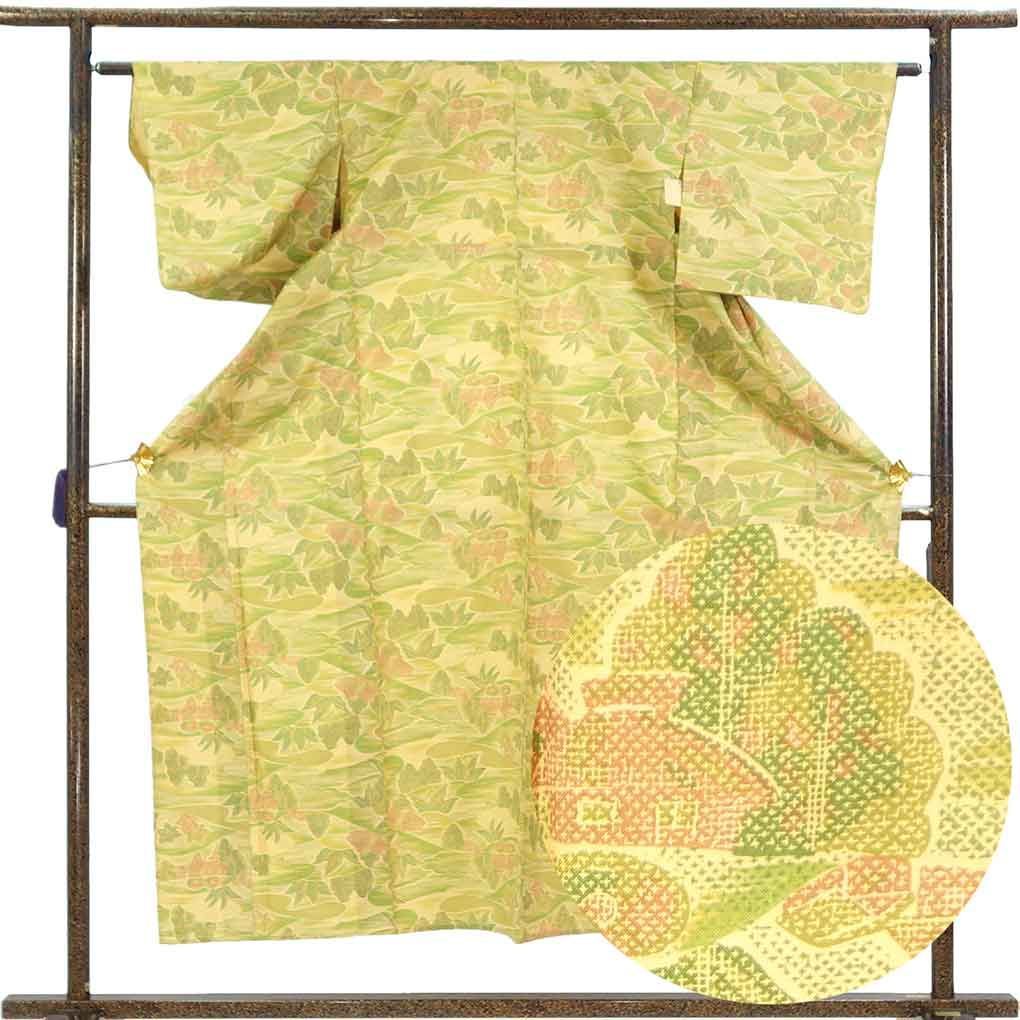 紬 身丈153cm 裄62cm 前幅23cm 後幅29cm 袖丈45cm 袖幅32cm レディース 単衣 風景画 裄Sサイズ 初夏・初秋用 正絹（シルク）イエロー 美品 リメイク リユース リサイクル【呉服のきくや】