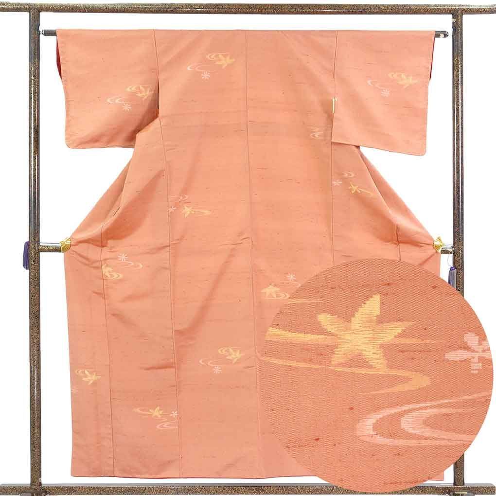 紬 身丈158cm 裄62cm 前幅22cm 後幅29cm 袖丈45cm 袖幅32cm レディース 袷 流水 裄Sサイズ 秋冬春用 正絹（シルク）ブラウン 未使用品 リメイク リユース リサイクル【呉服のきくや】