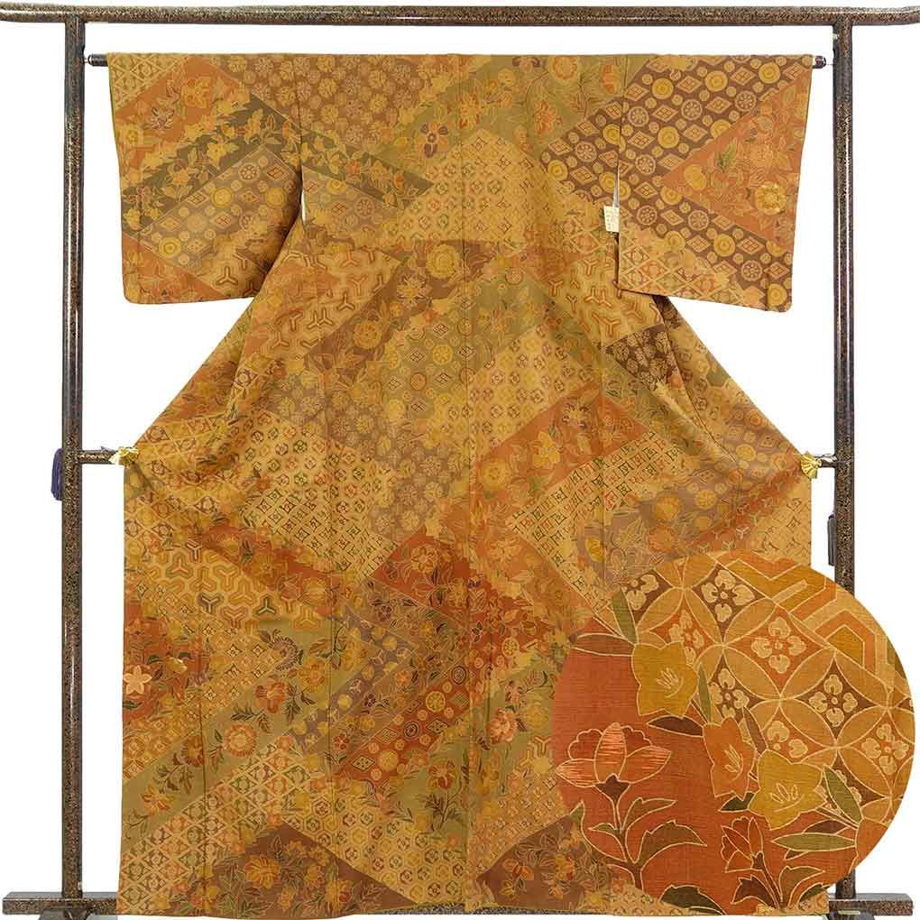 訪問着 身丈163cm 裄64cm 前幅24.5cm 後幅30cm 袖丈49cm 袖幅32cm レディース 袷 花柄 裄Mサイズ 秋冬春用 正絹（シルク）ブラウン 美品 リメイク リユース リサイクル【呉服のきくや】