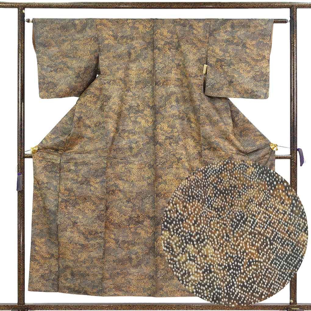 小紋 身丈156cm 裄62cm 前幅24cm 後幅28.5cm 袖丈47cm 袖幅32cm レディース 袷 連続模様 裄Sサイズ 秋冬春用 正絹（シルク）ブラウン 美品 リメイク リユース リサイクル【呉服のきくや】