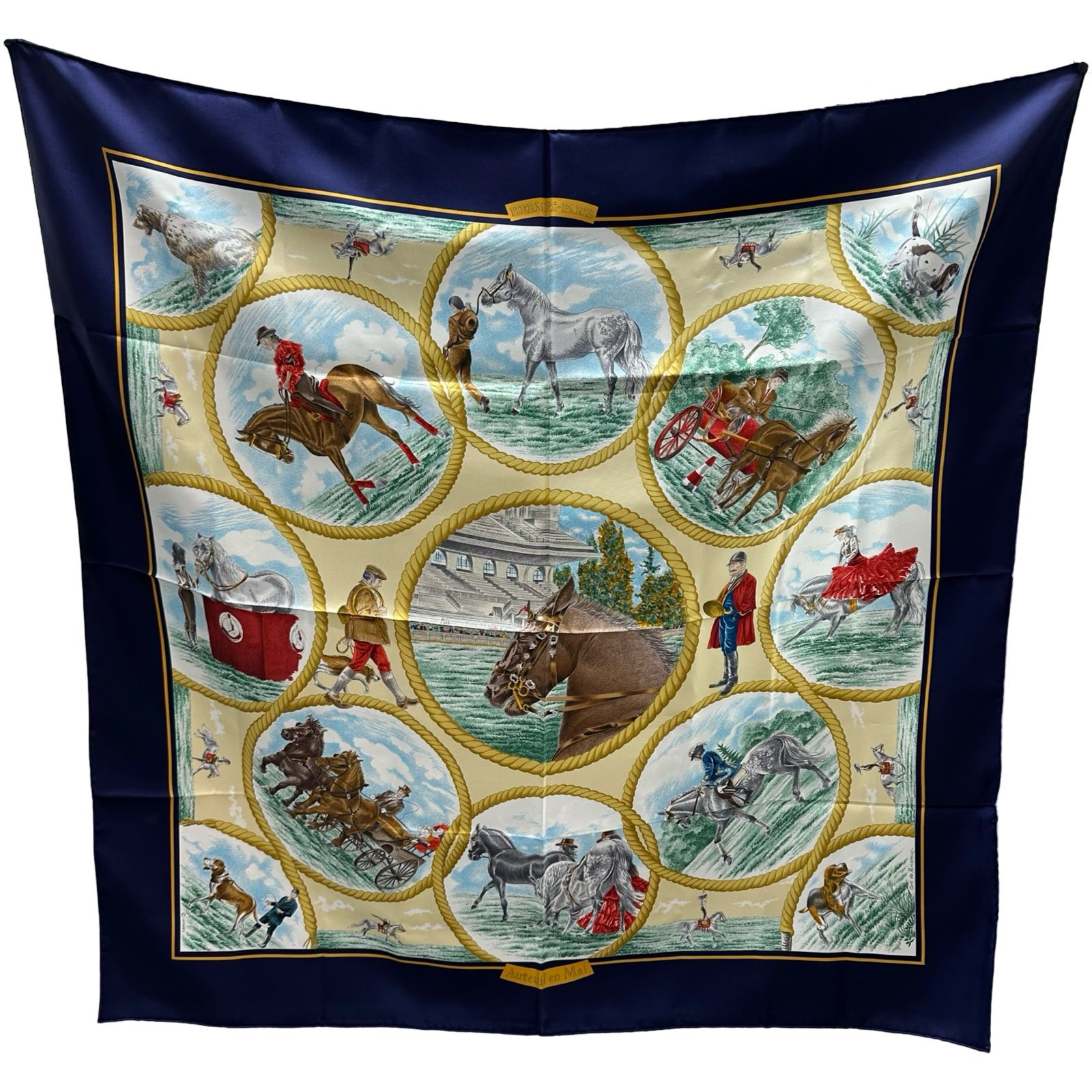 【美品】エルメスHERMES スカーフ カレ90 Auteuil en Mai エルメス HERMES カレ90 Auteuil en Mai ベージュ/ネイビー/ブラウン