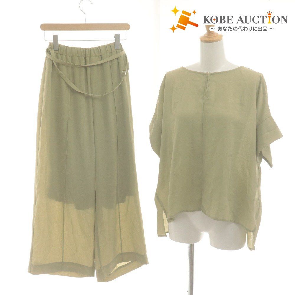 ■ Bou Jeloud ブージュルード 麻ライクブラウス パンツ セットアップ 半袖 トップス ボトムス レディース 38 (M相当) カーキグレー