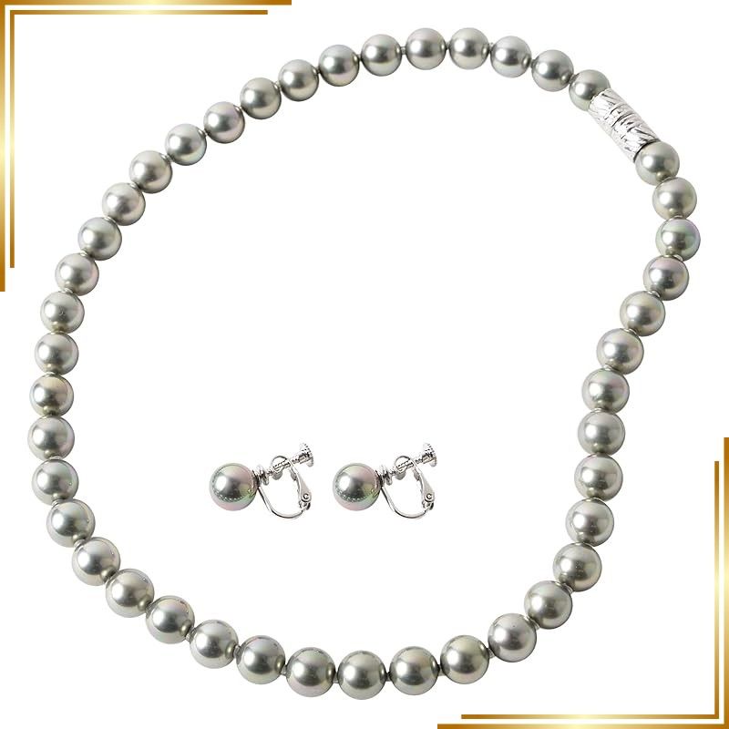 【新品】 パールネックレス 真珠 【 日本製 花珠貝 パール 8mm 】 マグネット式 ネックレス （ 選べる ピアス イヤリング セット ） 結婚式 冠婚葬祭 卒業式 入学式 [ まつよ 花珠貝パール ] 長さ:45cm 色:グレー (イヤリングセット) 0