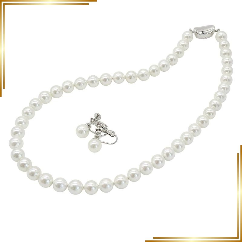 【新品】 [咲屋] パール ネックレス 2連 フォーマル 結婚式 パール ネックレス ピアス セット 真珠 プレゼント ギフト 黒 フォーマル イヤリング 結婚式 パーティー 7mm42cm ホワイト シルバーブラック (ホワイト/イヤリング) 0