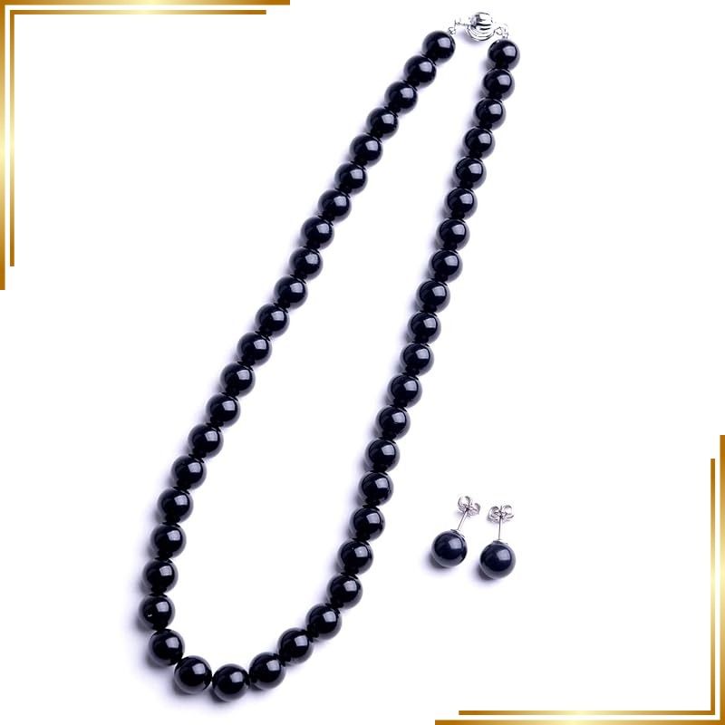 【新品】 [アウローラ] 9mmジェットネックレス ピアス イヤリングセット 化粧箱付 黒琥珀 16インチ 17インチ 18インチ 42cm 45cm 47cm チョーカー プリンセス (16インチ, イヤリング) 0