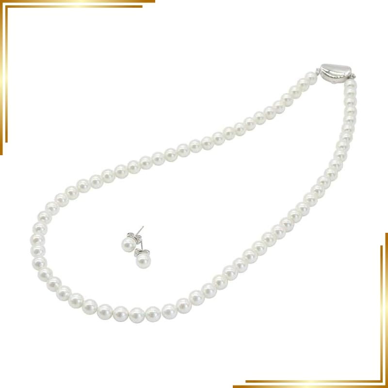 【新品】 [咲屋] 高級版 パール ネックレス 冠婚葬祭 フォーマル 結婚式 ピアス セット 真珠 黒 葬式 イヤリング 結婚式 パーティー 貝パール 7mm42cm ホワイト ナチュラル シルバーブラック 国産 シリコン入り (ホワイト/ピアス) 1