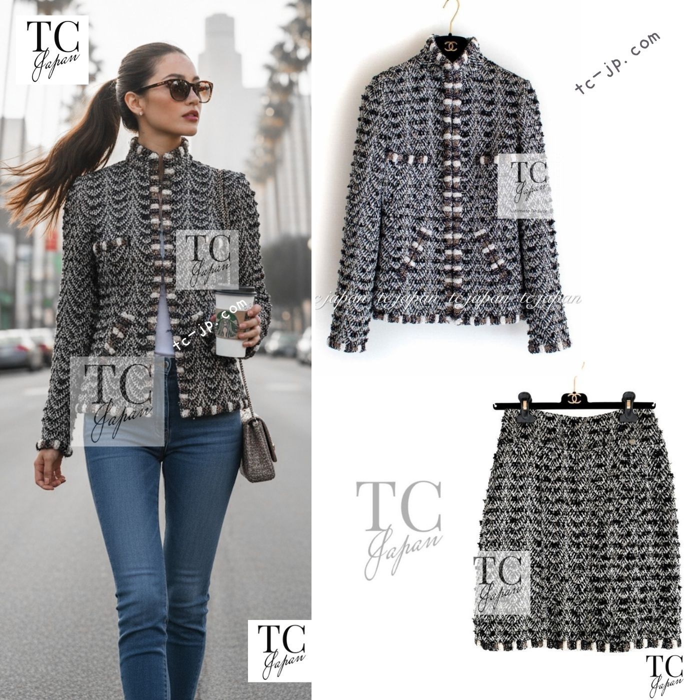 シャネル ジャケット スーツ CHANEL ブラウン ブラック メタリック ツイード スカート グリポワ 宝石ボタン 130万 貴重 超美品 36