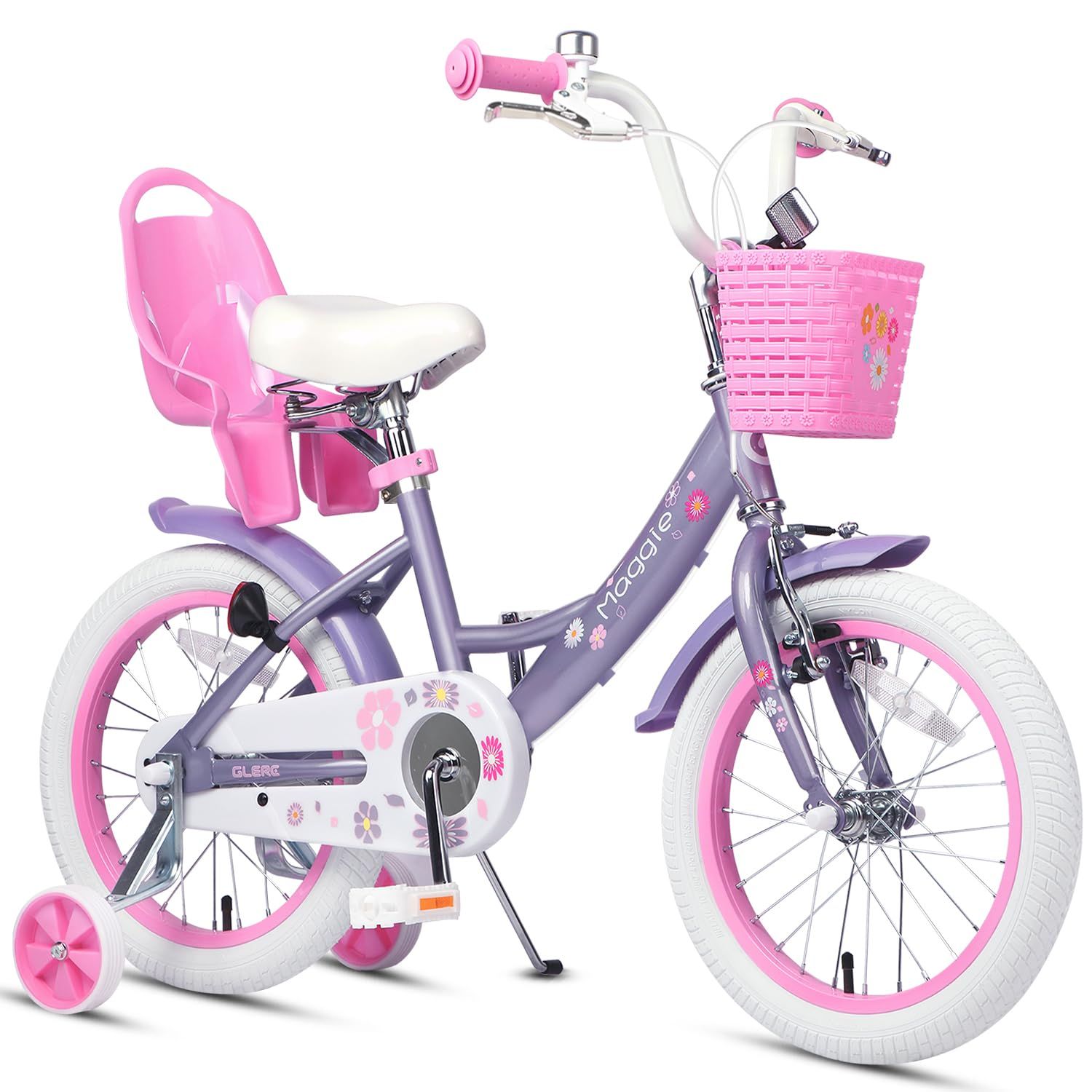 新品 Glerc Maggie 子供用自転車 女の子用 キッズバイク 幼児乗り練習 花柄 かご付き 補助輪付き こども三輪 ぬいぐるみ座席付き vブレーキ 4～7歳 16インチ ピンク＆パープル