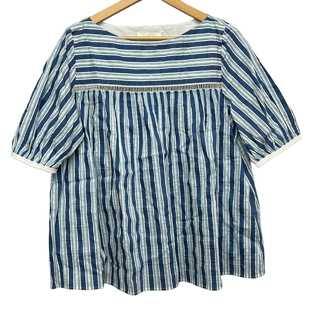 Chloe(クロエ) 半袖カットソー サイズ40 M レディース美品 - 白×ネイビー×ライトブルー ボーダー/ストライプ/はしごレース