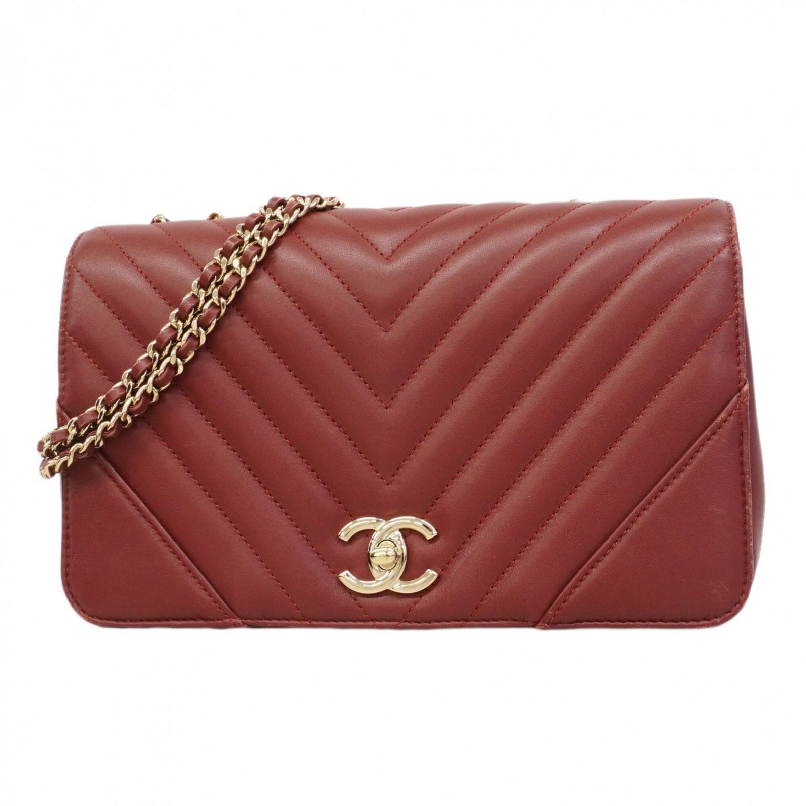 シャネル(Chanel) シャネル ショルダーバッグ Vステッチ Wチェーン ラムスキン ボルドー シャンパンレディース OP002092