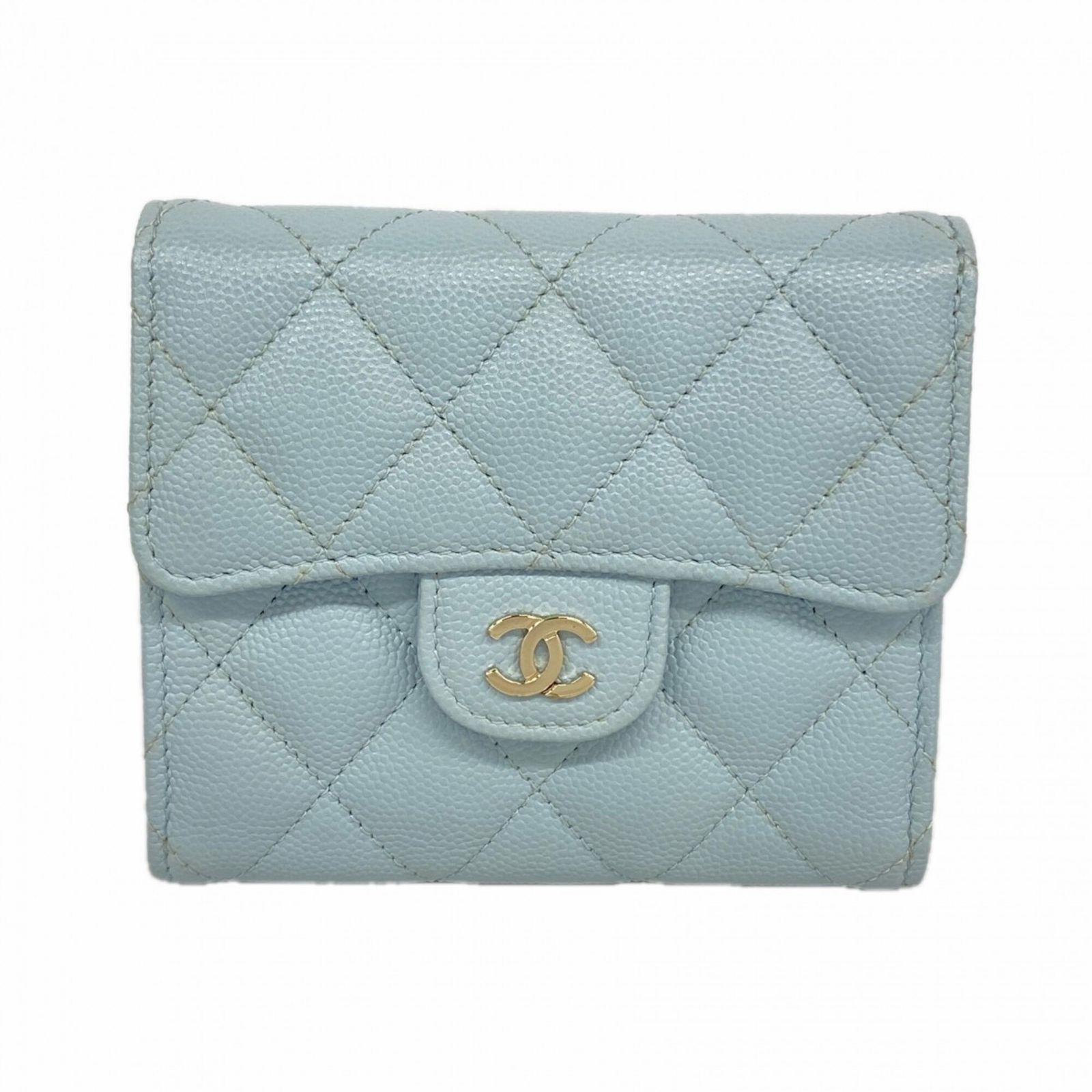 シャネル(Chanel) シャネル 三つ折り財布 マトラッセ キャビアスキン ライトブルー シャンパンレディース OP000469