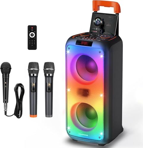カラオケセット 家庭用 ワイヤレスマイク スピーカーセット 拡声器 充電式 6000mAh大容量, TF/USB/AUXに対応 LEDモード PAセット ポータブルスピーカー Bluetooth 5.3 TWS対応 低音強化 UHFワイヤレス 5177b056