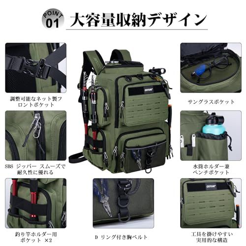[Goture] ゴチュール 多機能リュック 600D ミリタリーグリーン GREEN 撥水加工 釣り道具収納 ソフトルアー袋・レインカバー付属 アウトドア リュックサック タックルバッグ 登山 ギフト 父の日wb c12d6873