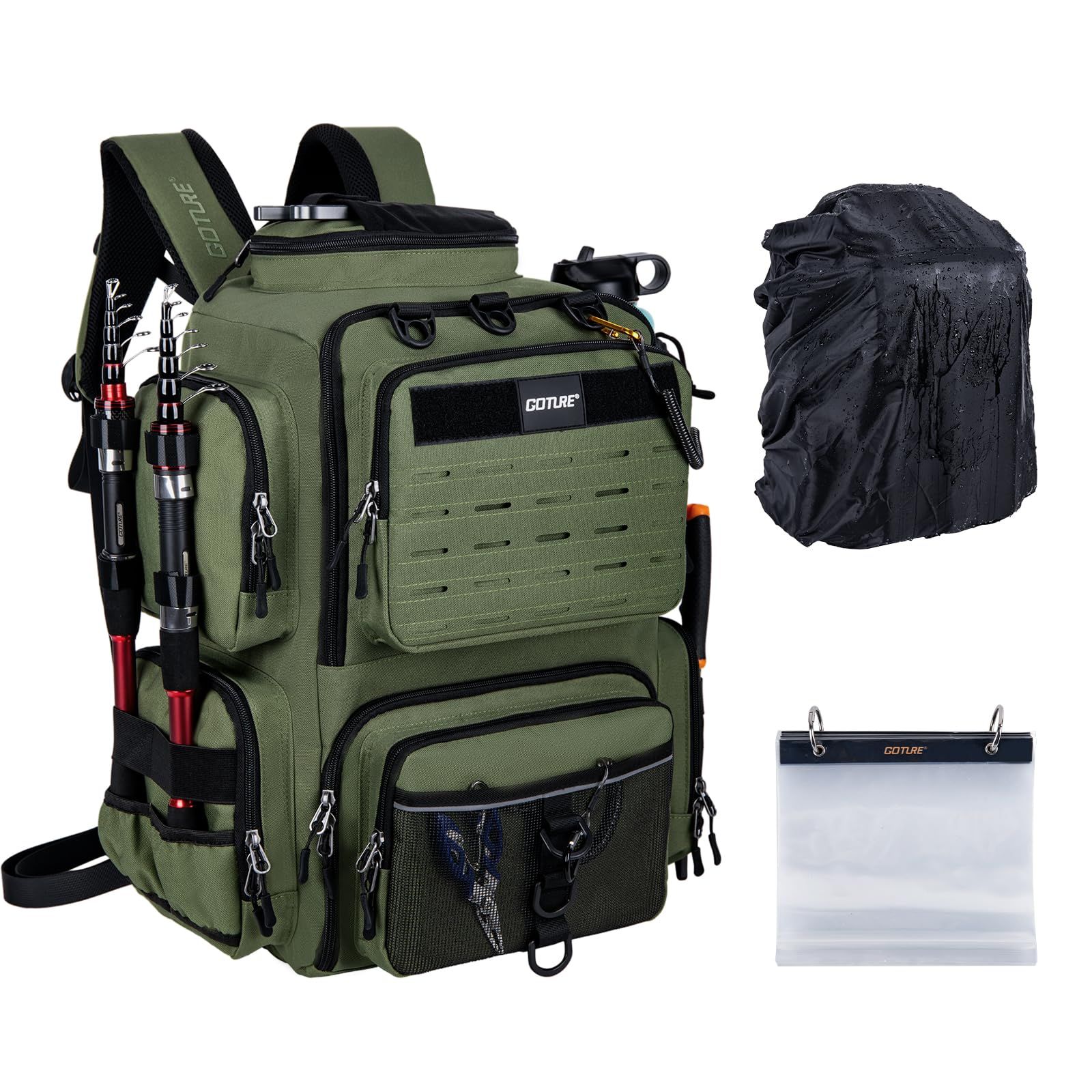 [Goture] ゴチュール 多機能リュック 600D ミリタリーグリーン GREEN 撥水加工 釣り道具収納 ソフトルアー袋・レインカバー付属 アウトドア リュックサック タックルバッグ 登山 ギフト 父の日wb c12d6873