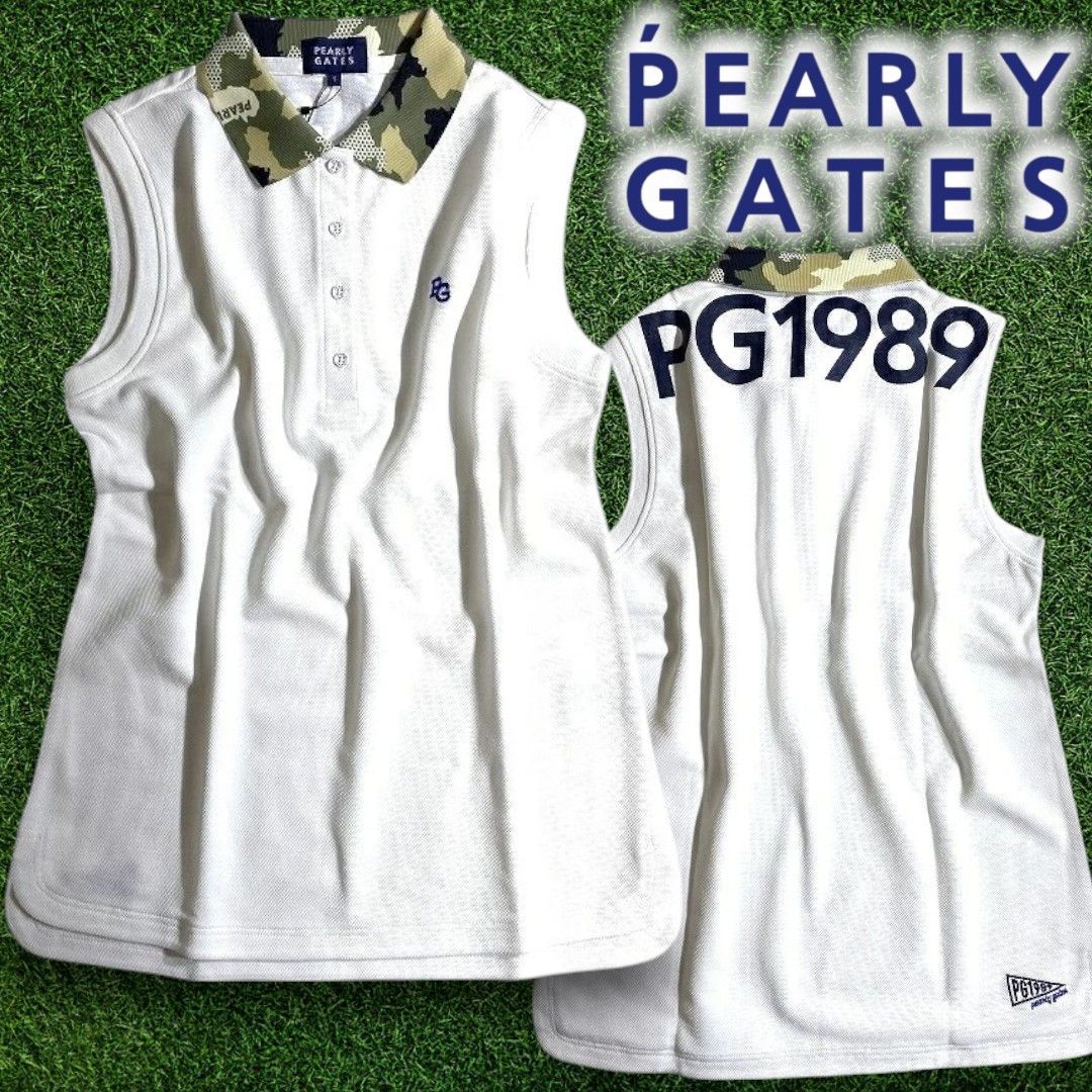 PEARLY GATES パーリーゲイツ ゴルフ 日本製 ドライタッチ 吸水速乾 8口カノコ 衿カモ柄 ストレッチ ノースリーブ ポロシャツ ウェア レディース 055-2160506 定価1.8万 ホワイト ミックスグリーン ▲021▼50606w05