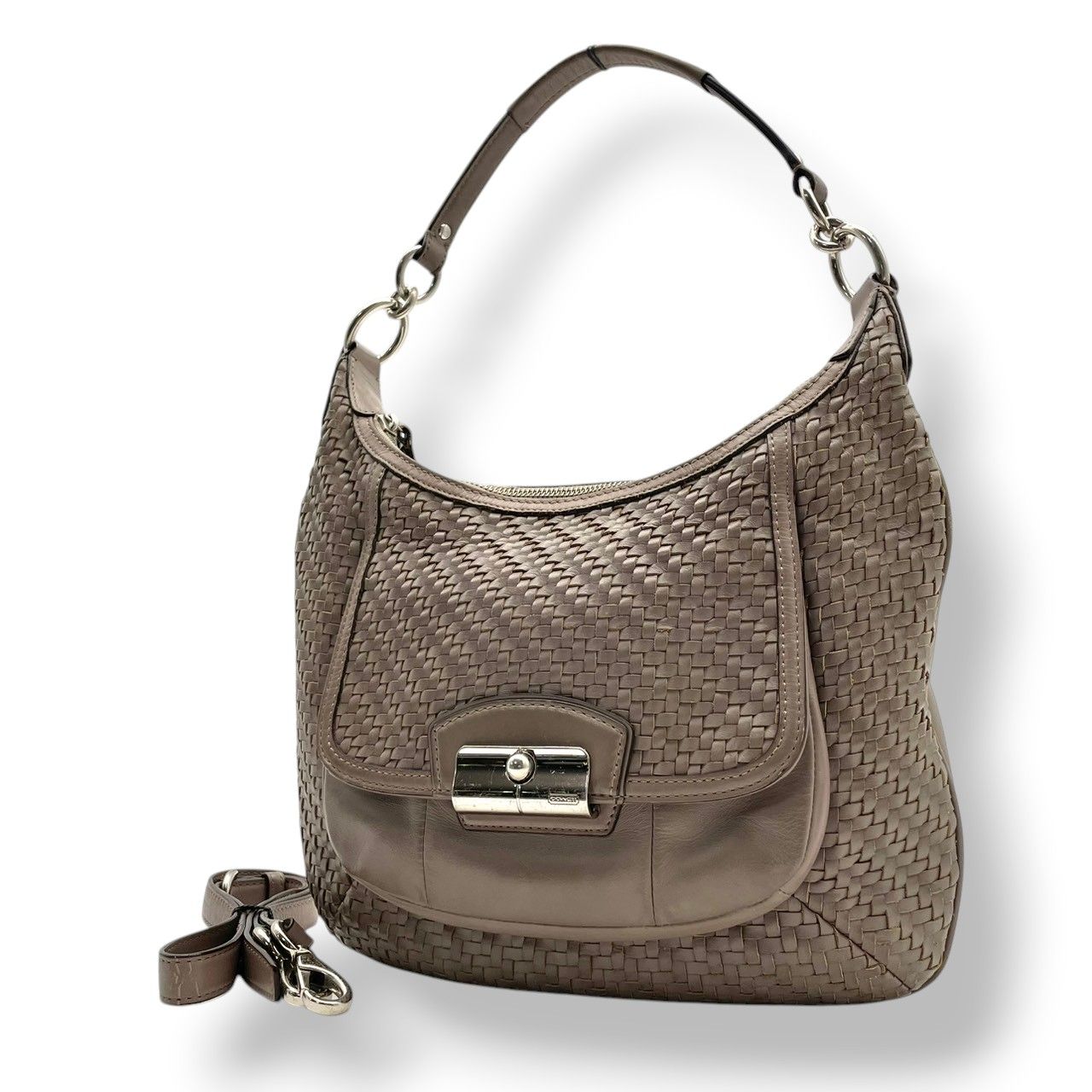 【良品】コーチ COACH 19314 マディソン レザー ウーブン リンジー ショルダーバッグ イントレチャート 編み込み グレー ワンショルダー 斜め掛け可 ビンテージ クラシック エレガント 上品 高級感 レディース 通勤 通学 お出かけ S58