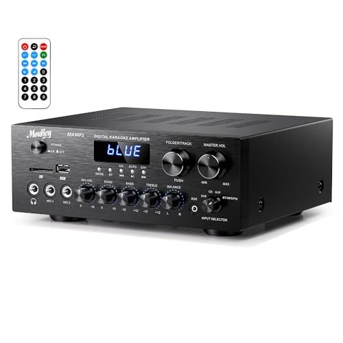 Moukey パワーアンプ システム マイクミキサー 220W Bluetooth対応 デュアルチャンネルサウンドオーディオステレオレシーバー モニタリング/USB、SD、AUX、MIC IN/エコー、ラジオ、LCD-ホームシアターエンターテ 5c9e0611