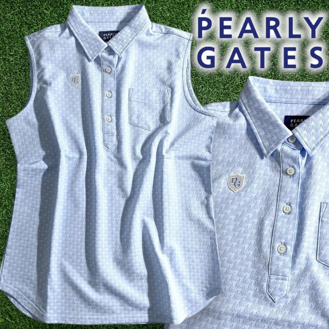 PEARLY GATES パーリーゲイツ ゴルフ 日本製 吸水速乾 ハイGG 千鳥柄 ストレッチ ノースリーブ ポロシャツ ゴルフウェア レディース 055-2260712 定価1.9万 サックスブルー ▲022▼50618w02