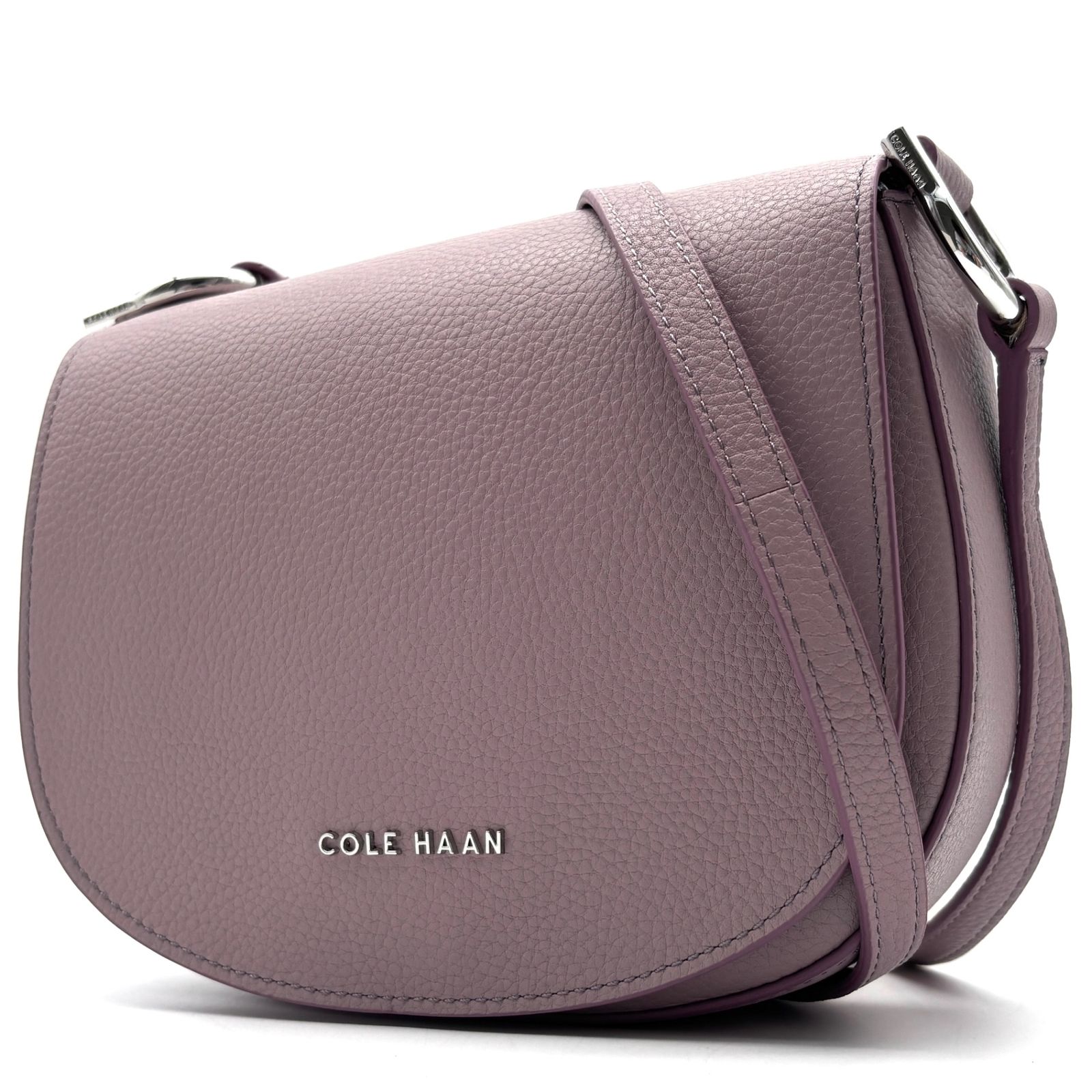 極美品 COLE HAAN コールハーン ハーフムーン クロスボディ ショルダーバッグ サドルバッグ ポシェット シボ革 本革 レザー ペブルドレザー パープル ラベンダー 紫 斜め掛け レディース 大人 可愛い 通勤 デート 旅行