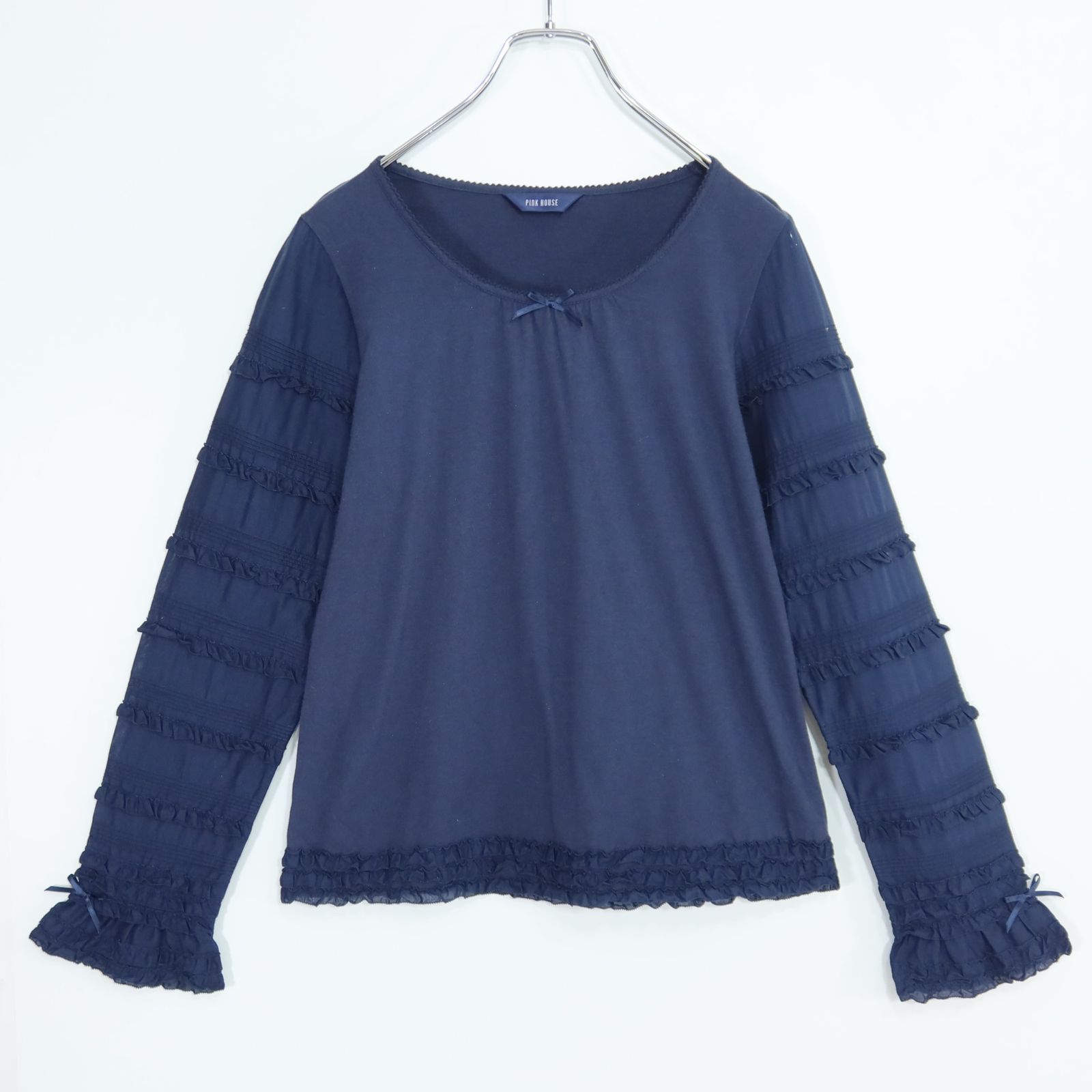 【美品】ピンクハウス★ローン袖付きカットソー 長袖 サイズM ネイビー系 薄手 段々フリル♪無地 z19971