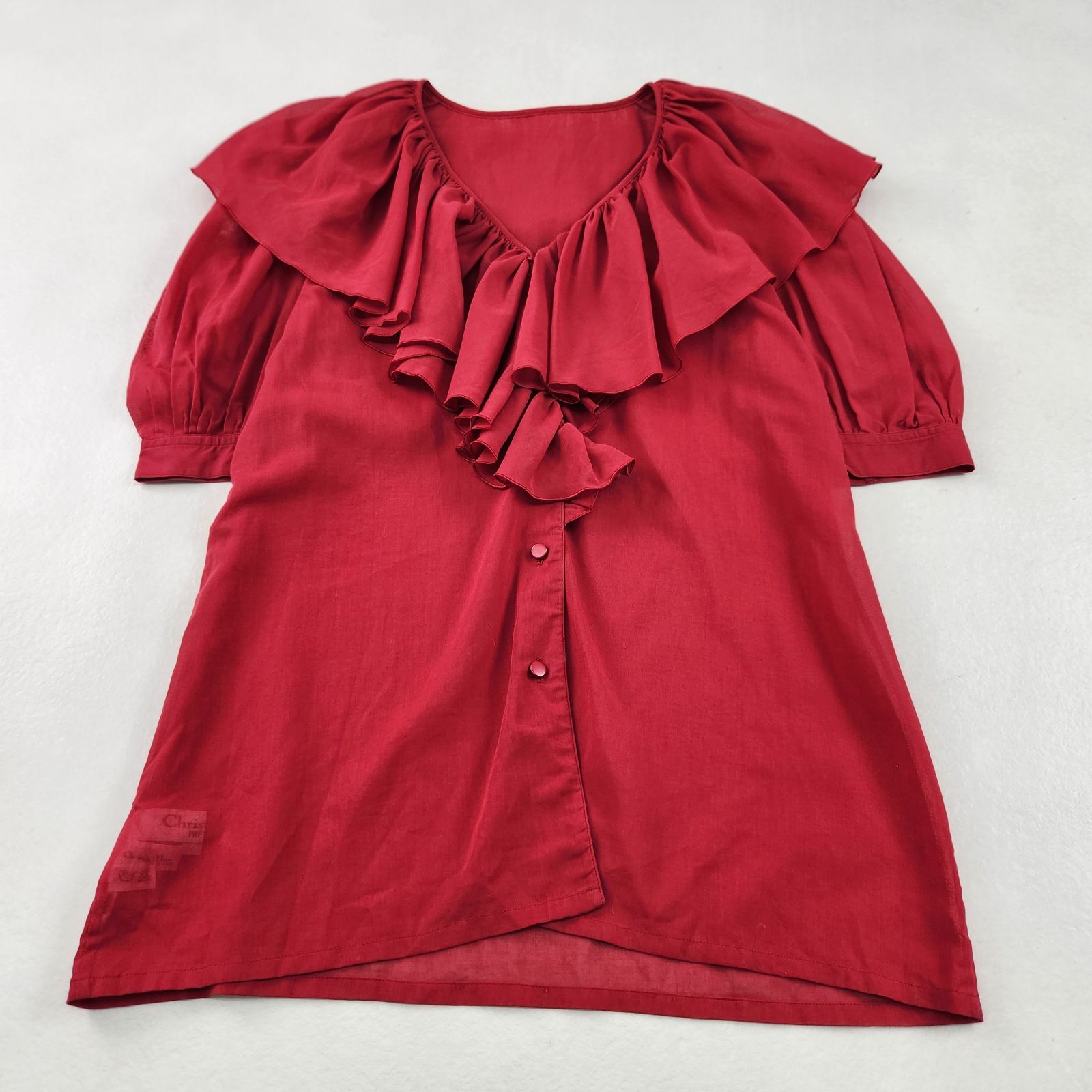 美品　クリスチャンディオール　半袖ブラウス　フリル　パフスリーブ　M　レッド　Christian Dior PRET-A-PORTER