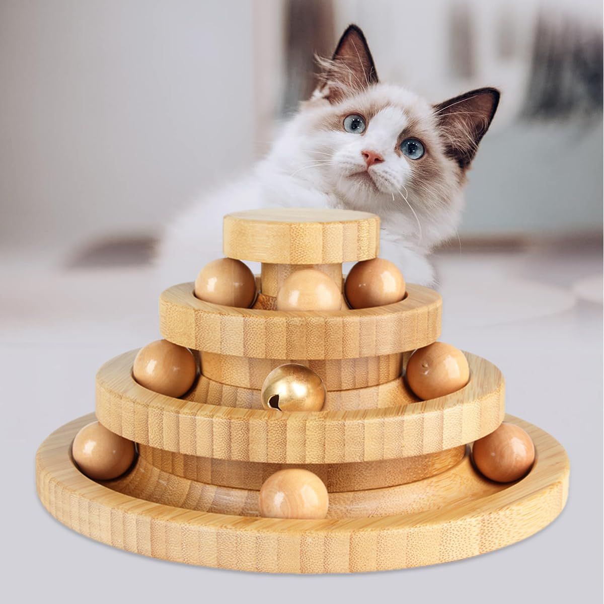 猫 おもちゃ ボール 木製 一人遊び 猫おもちゃ ねこ おもちゃ 猫じゃらし ネコ 竹製 ボール回転盤 猫じゃらし ボール 回転 タワー ぐるぐる 猫 玩具 ねこじゃらし ひとり遊び 猫用品 ペット用品 遊べる 運動不足 ストレス解消 (ブラ 08dc8040