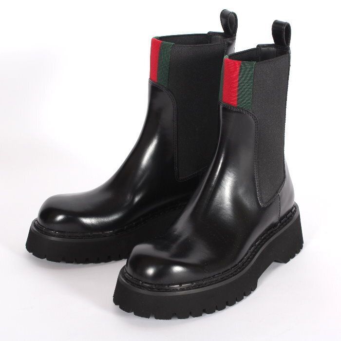 GUCCI グッチ サイドゴアブーツ 806398 AAD6T 1052 37サイズ ブラック レザー ウェブストライプ チェルシーブーツ アンクルブーツ シューズ 靴 スニーカー レディース ユニセックス【新品・本物】売れ筋